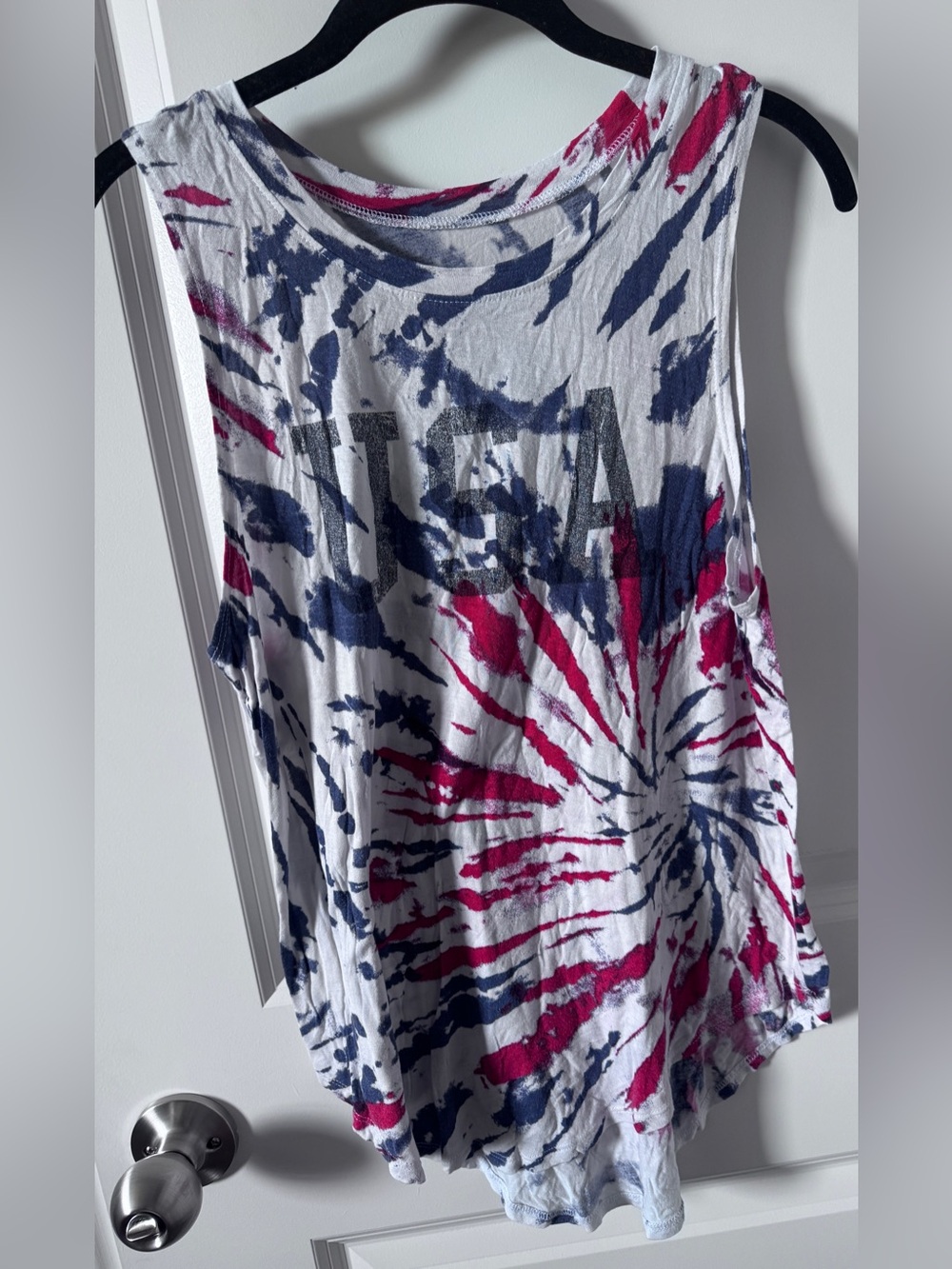 White Tie-Dye Graphic Tank with Red & Navy USA Print-Medium